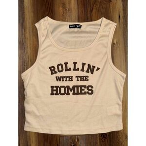 SHEIN Womens Brown Sleeveless Printed Text Casual Tank Top Size Medium